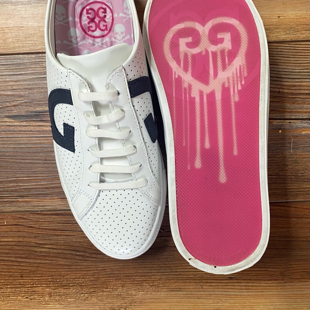 G/FORE White Leather Sneakers with Black Accents and Pink Insole - Picture 2 of 5